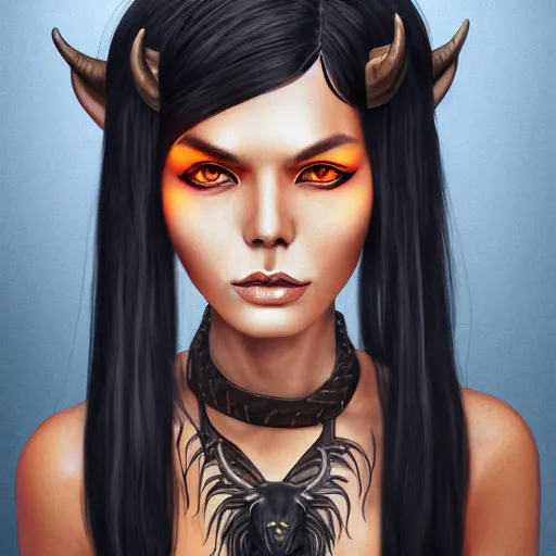 Image similar to illustrated realistic portrait of ram-horned devil woman with blue bob hairstyle and her tan colored skin and with solid black eyes wearing leather by rossdraws