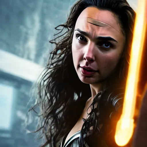 Image similar to gal gadot as hermione, professional photography, action shot, studio lighting, motion blur, hyper detailed, trending on artstation