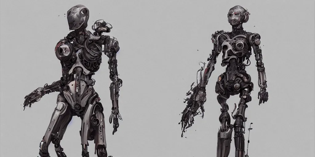 Image similar to bone head design girl full body cyborg , character sheet, Moebius, Greg Rutkowski, Zabrocki, Karlkka, Jayison Devadas, Phuoc Quan, trending on Artstation, 8K, ultra wide angle, zenith view, pincushion lens effect.