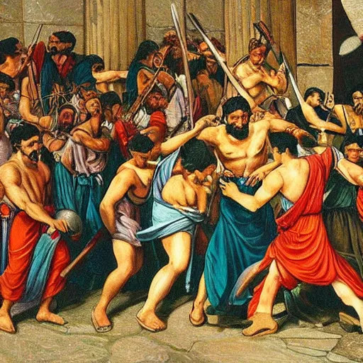 Image similar to ancient greek people fight against people in suits