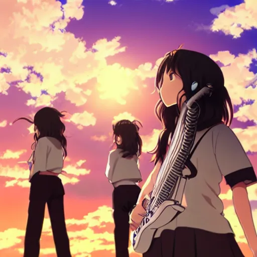 Image similar to kumiko Oumae in Anime style Surrounded by a field of Euphoniums during a partly cloudy sunset featuring Reina Kousaka