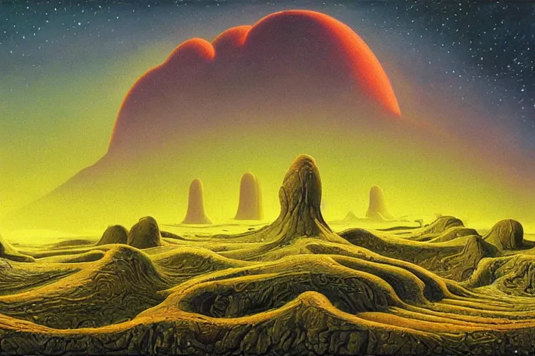 Prompt: strange fertile alien landscape, oil painting by david a. hardy, surreal, vivid colors