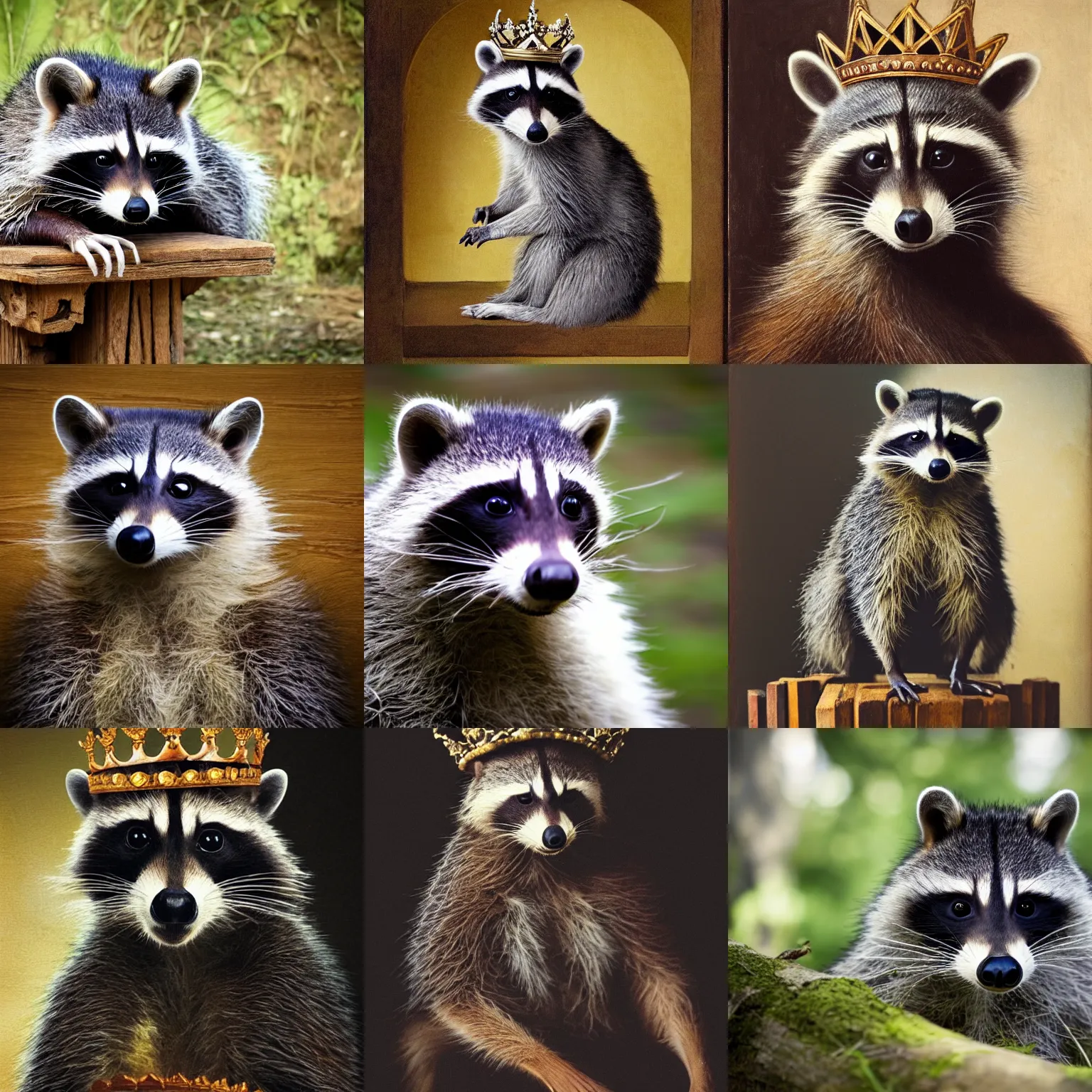 Prompt: a portrait of a racoon wearing a crown sitting on a wooden throne