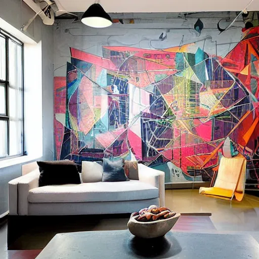 Image similar to trendy loft with modern murals on the wall, modern art and patterns, interior design, lovely architecture