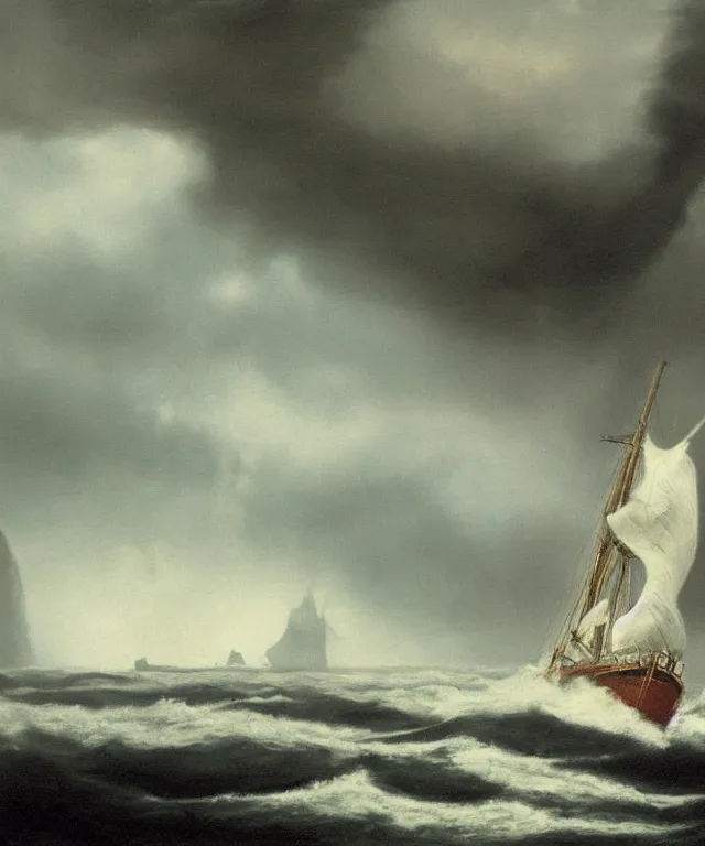 Image similar to photorealistic painting of a 1 9 2 5 seiner sailing near a short tropical cliff with the mouth of a sea cave at the waterline, dark, brooding, atmospheric, lovecraft, horror, smooth, epic, highly detailed, cinematic, by lee gibbons