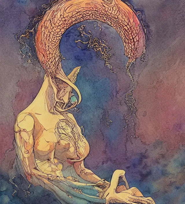 Prompt: a watercolor ink painting of the primordial eldritch goddess of natural - disasters in the style of jean giraud in the style of moebius trending on artstation deviantart pinterest detailed realistic hd 8 k high resolution