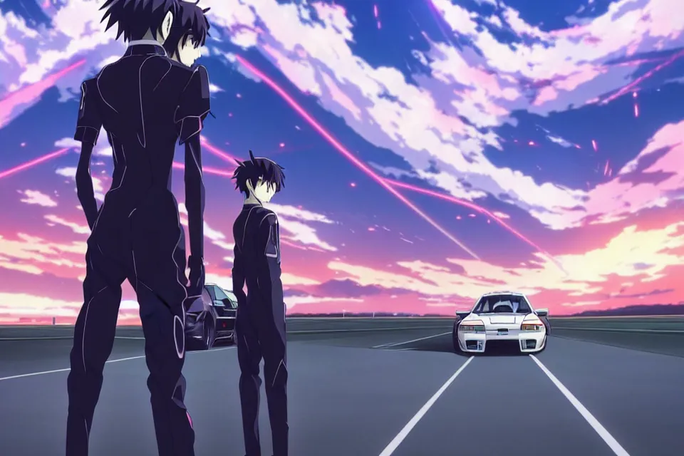 Image similar to anime illustration of lonely ikari shinji standing near his eva - 0 1 car on an empty highway wearing a black plugsuit at dawn, cinematic lighting, evangelion anime poster, rebuild of evangelion 1 0 8 0 p, 9 0 s anime aesthetic, volumetric lights, rule of thirds, unreal engine render, pinterest wallpaper, trending on artstation