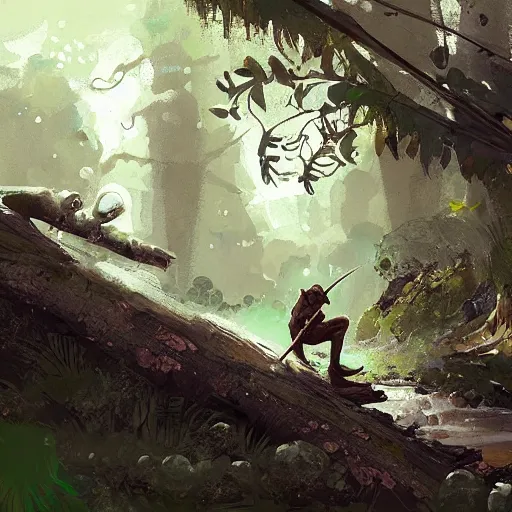 Image similar to concept art of a frog warrior battling a squirrel warrior near a stream, by ismail inceoglu,