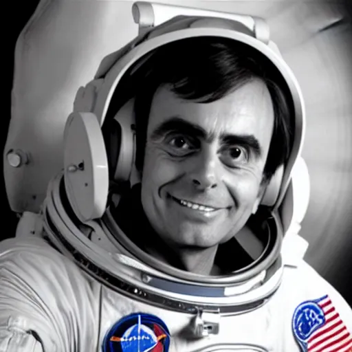 Image similar to Carl Sagan is on the moon in an astronaut suit, without his helmet on, Carl Sagan Carl Sagan