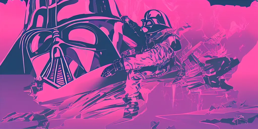 Image similar to darth vader snowboarding, vaporwave, vector graphics, synthwave, neon