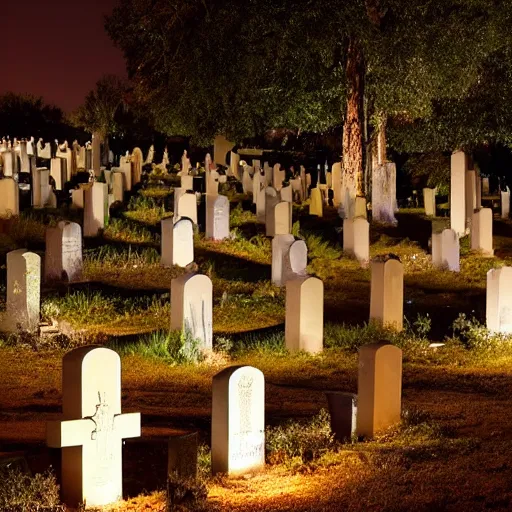 Image similar to photograph of a cementery at night, scultures, graves