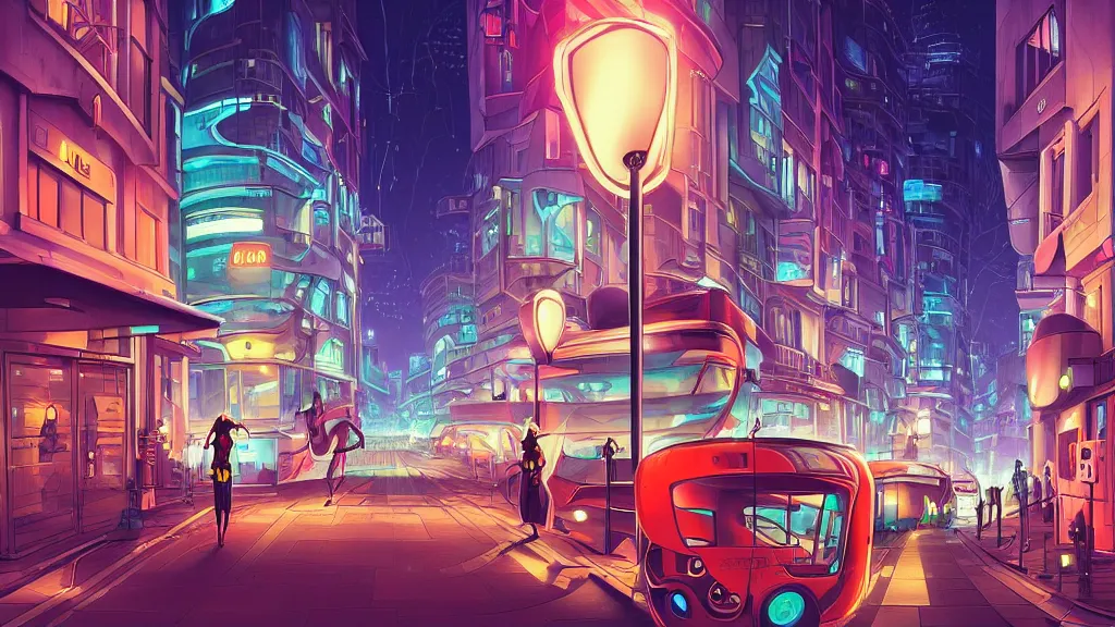 Image similar to street view of futuristic robot london city at night by cyril rolando and naomi okubo and dan mumford and zaha hadid. robots. robots walking the streets. advertisements for robots. robotic elegant lamps. robotic double decker bus.