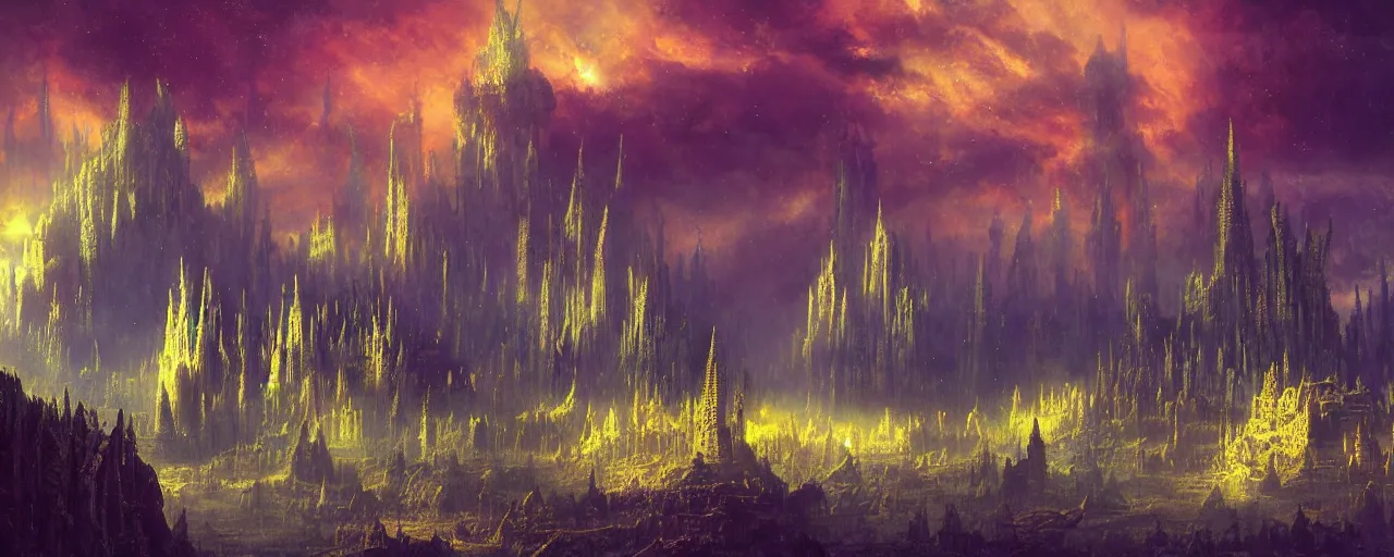 Image similar to ” otherworldly landscape with an epic cathedral, [ by paul lehr, cinematic, detailed, epic, widescreen, opening, establishing, mattepainting, photorealistic, realistic textures, octane render ] ”