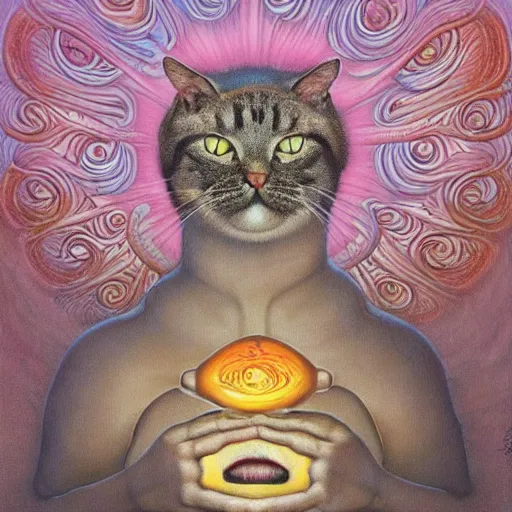 Image similar to a cat having an ego trip, by alex grey, by Esao Andrews and Karol Bak and Zdzislaw Beksinski and Zdzisław Beksiński, trending on ArtStation