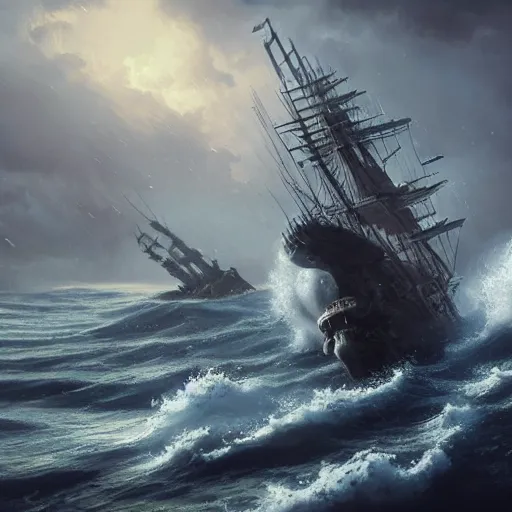 Image similar to cinematic shot pirate ship sinking after being attacked by the kraken rain waves sunset digital painting, artstation, concept art, soft light, hdri, smooth, sharp focus, illustration, fantasy, intricate, elegant, highly detailed, D&D, matte painting, in the style of Greg Rutkowski and Alphonse Mucha and artemisia, 8k, highly detailed, jurgens, rutkowski, bouguereau, pastoral, rustic, georgic