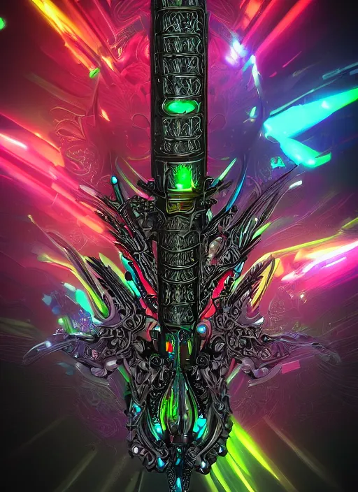 Image similar to legendary glowing sword of cybernetic technology, intricate, sharp black and iridescent blade, ornate gothic baroque spikes hilt, colorful handle, vivid detailed realistic, ray tracing, colored gems, artstation, deviantart