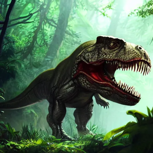 Image similar to T-Rex in jungle, portrait, dark fur, glowing eyes, magic the gathering artwork, D&D, fantasy, cinematic lighting, centered, symmetrical, highly detailed, digital painting, artstation, concept art, smooth, sharp focus, illustration, volumetric lighting, epic Composition, 8k, art by Akihiko Yoshida and Greg Rutkowski and Craig Mullins, oil painting, cgsociety