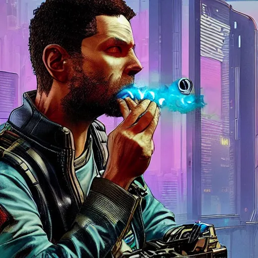 Prompt: Ezra. cyberpunk mercenary smoking a cigar. Style of James Gurney and Mœbius. (Cyberpunk 2077. Blade Runner. Apex Legends. The matrix)