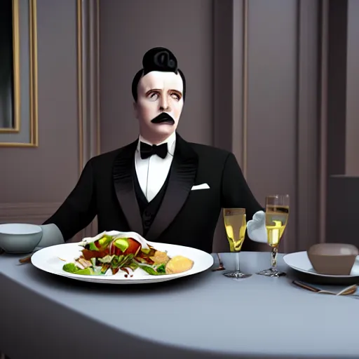 Image similar to a man in a tuxedo sitting at a table with a plate of food, an art deco painting by Patrick Brown, cgsociety contest winner, art deco, rendered in unreal engine, art deco, rendered in cinema4d