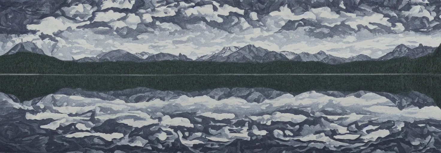 Image similar to escher painting of a lake, big trees reflecting on lake surface, mountains at background, snowy, ultra sharp, ultra detailed, dark emotion, colorized by salvador