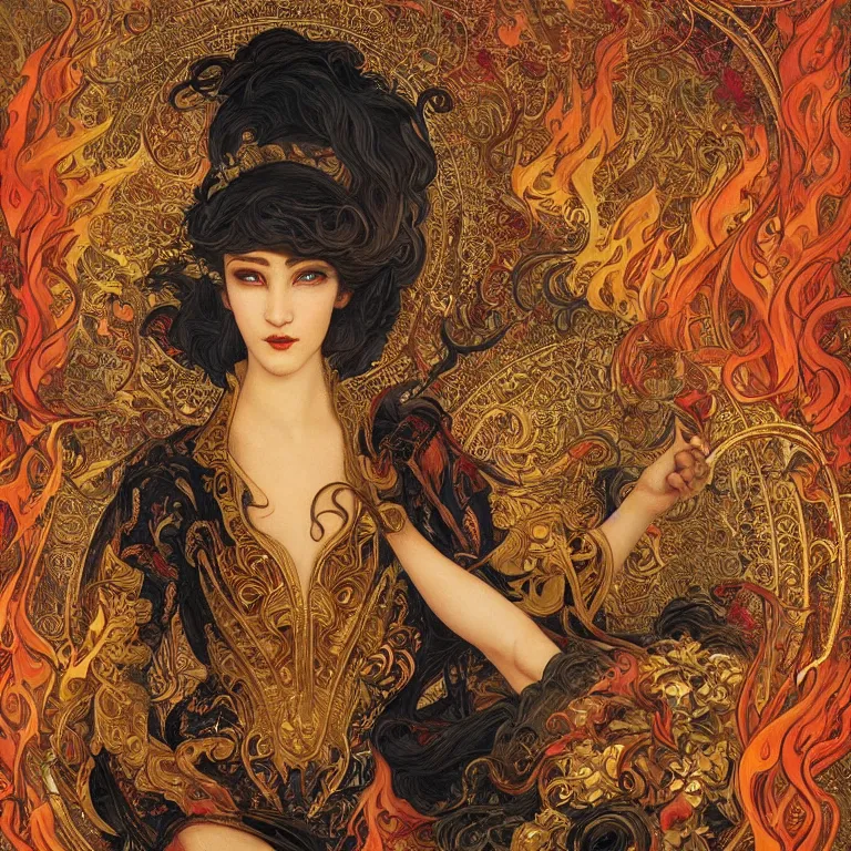 Image similar to breathtaking detailed painting of a fire dancer, christian saint, in the middle of a rosace of flames, ornate background with art nouveau frame, by Hsiao-Ron Cheng, Rebecca guay,