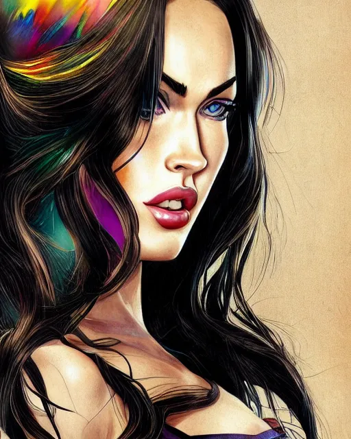 Image similar to portrait of megan fox, beautiful, elegant colorful, inspired by steel ball run manga, artstation trending, deviantart, highly detailed, focus, smooth, illustrated by hirohiko araki