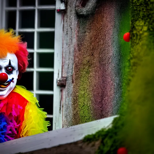 Image similar to looking at a scary clown in the garden from the window, highly detailed, 8 k, hdr, smooth, sharp focus, high resolution, award - winning photo