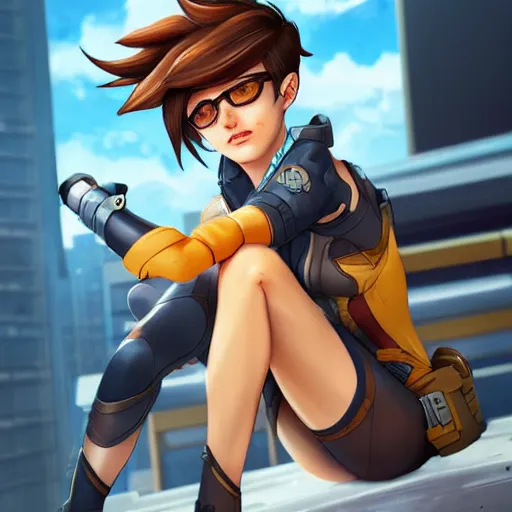 Prompt: digital artwork of tracer sitting on a rooftop, in the style of artgerm, detailed face, expressive face, feminine face, detailed eyes, arstation, 4 k,