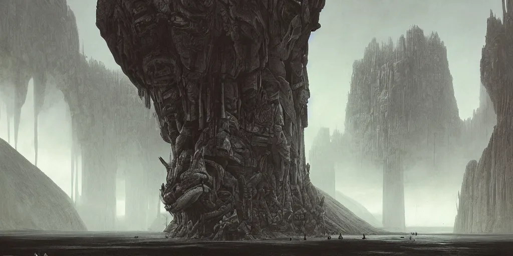 Prompt: the depths of a vast artificial world with massive towering pillars holding the ceiling of the landscape up, detailed, dense coloration, energetic beings patrolling, extreme depth, wayne barlowe and peder balke collaboration, godrays, colossal hovering machine automations of brutalist design visible in the foreground