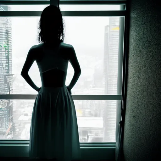 Image similar to dancing girl wearing a gown, short hair, bed room, cyberpunk city view out of the window, no lights in bedroom, bright neon lights from the city