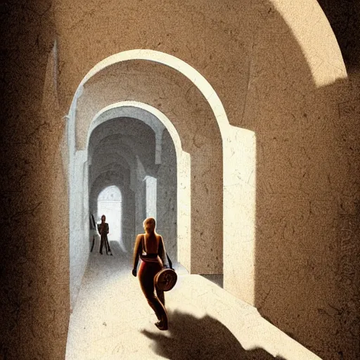 Image similar to adventurers caught in a trap, brick hallway, arched ceiling, chiaroscuro, full color, high detail, digital illustration