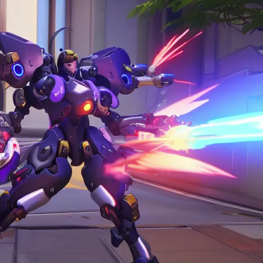 Prompt: overwatch 4 k ray tracing, highly detailed, d. va mech shooting, fighting on point, capturing