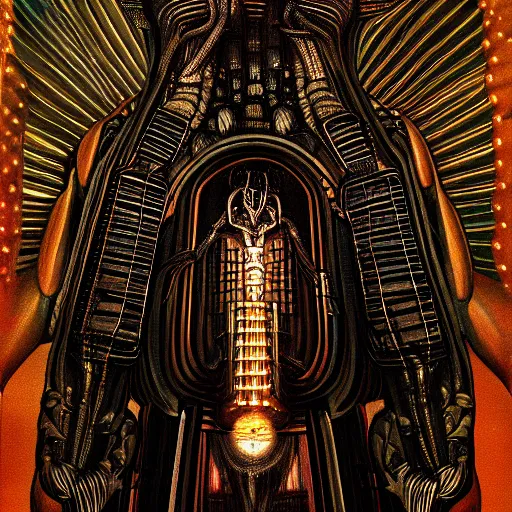 Image similar to beautiful painting of the lattice decopunk organ holding the conscience of God in the style of Welder Wings and H. R. Giger. Dark background, detailed, trending on Artstation