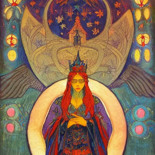 Image similar to the night crown, by Annie Swynnerton and Nicholas Roerich , embroidered robes, starry tattoos, elaborate costume, geometric ornament, symbolist, soft colors, dramatic lighting, smooth, sharp focus, extremely detailed