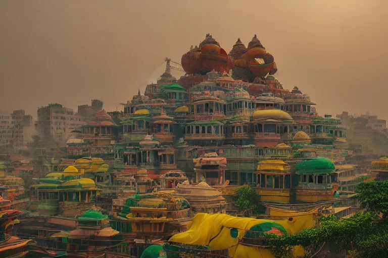 Image similar to high quality dreamscape! biomorphic new delhi, hanuman!! head building, kalighat, octane highly detailed, cinematic smooth, stephen shore & john j. park, soft morning light, wide shot, high angle, uhd 8 k, deep focus