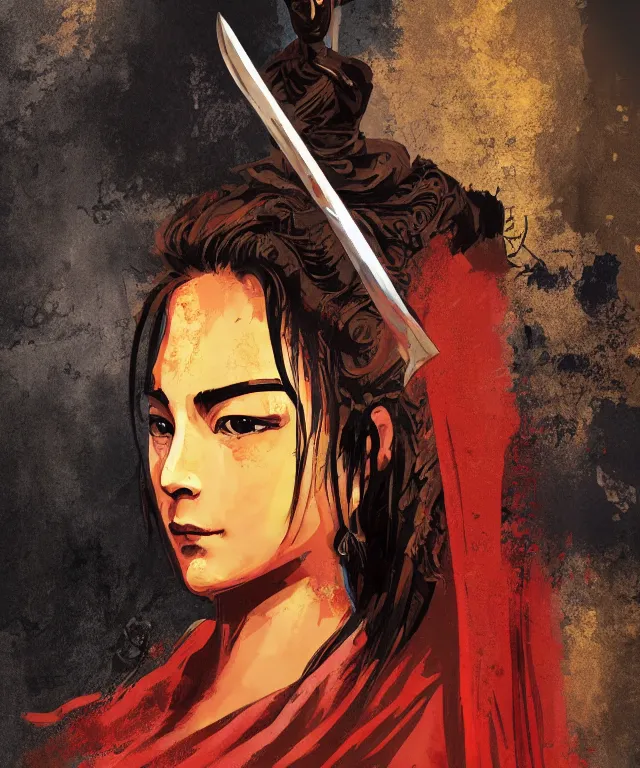 Prompt: photo brush painting buddhist wall portrait of a noble young woman with a sword in style of game art lord of the rings banner saga ashes of gods gantz miura kentaro photorealistic steampunk frank miller alex ross trending