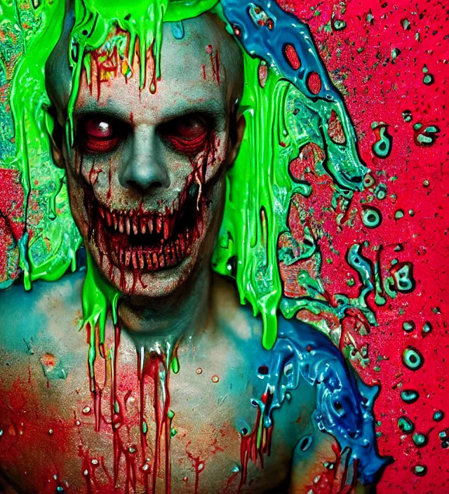 Image similar to beautiful 3 5 mm photograph of a slimy rotting zombie cop covered in colorful wet goop, dripping with colorful liquid, policeman, cop, biocop, intricate details, dark ambient, service cap, atmospheric, movie poster, poster, horror, elegant, super highly detailed, professional digital photo, artstation, concept art, 8 k