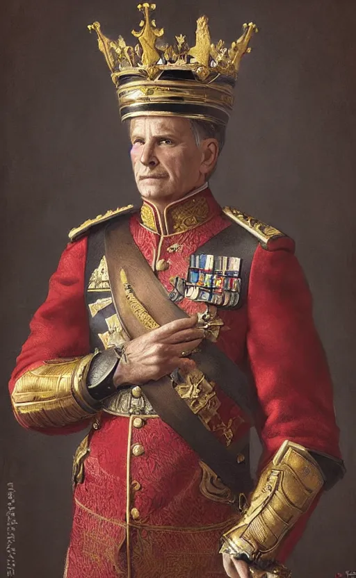 Prompt: Portrait of a middle aged man wearing a ceremonial uniform and a crown, male, detailed face, renaissance, highly detailed, cinematic lighting, digital art painting by greg rutkowski