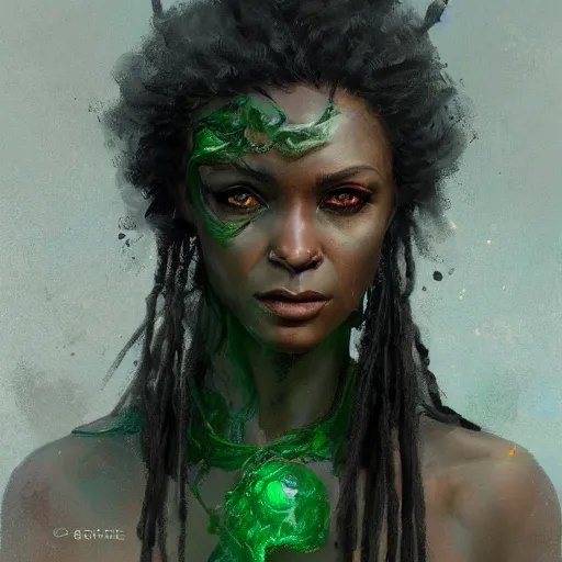 Image similar to A head-on detailed oil fantasy portrait of a black woman with green eyes and long white hair by greg rutkowski, trending on artstation, dungeon and dragons art