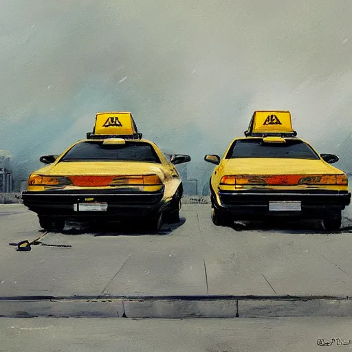 Image similar to a couple of taxis waiting for gas by greg rutkowski