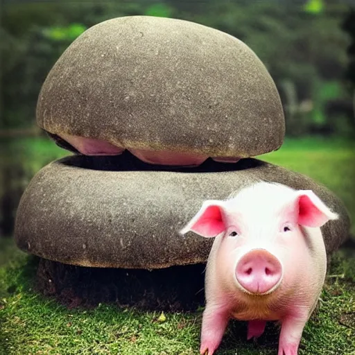 Image similar to “ cute pig meditating like a buddha on top of a giant mushroom ”