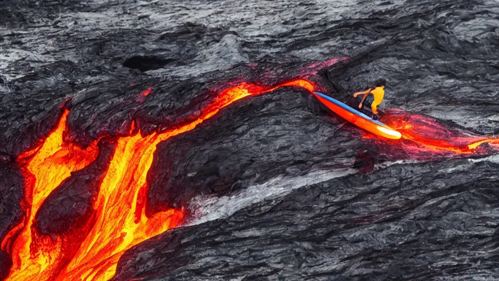 Image similar to person wearing a sponsored team jersey with logos surfing down a river of lava on the side of a volcano on surfboard, action shot, dystopian, thick black smoke and fire, sharp focus