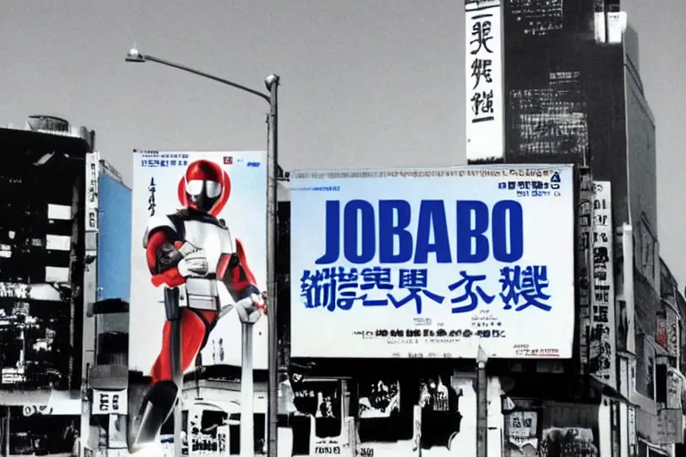 Image similar to Jiban, O policial de aço:: Tokusatsu:: Metal Hero:: minimalist:: billboard advertising outdoor:: Japanese:: 80's