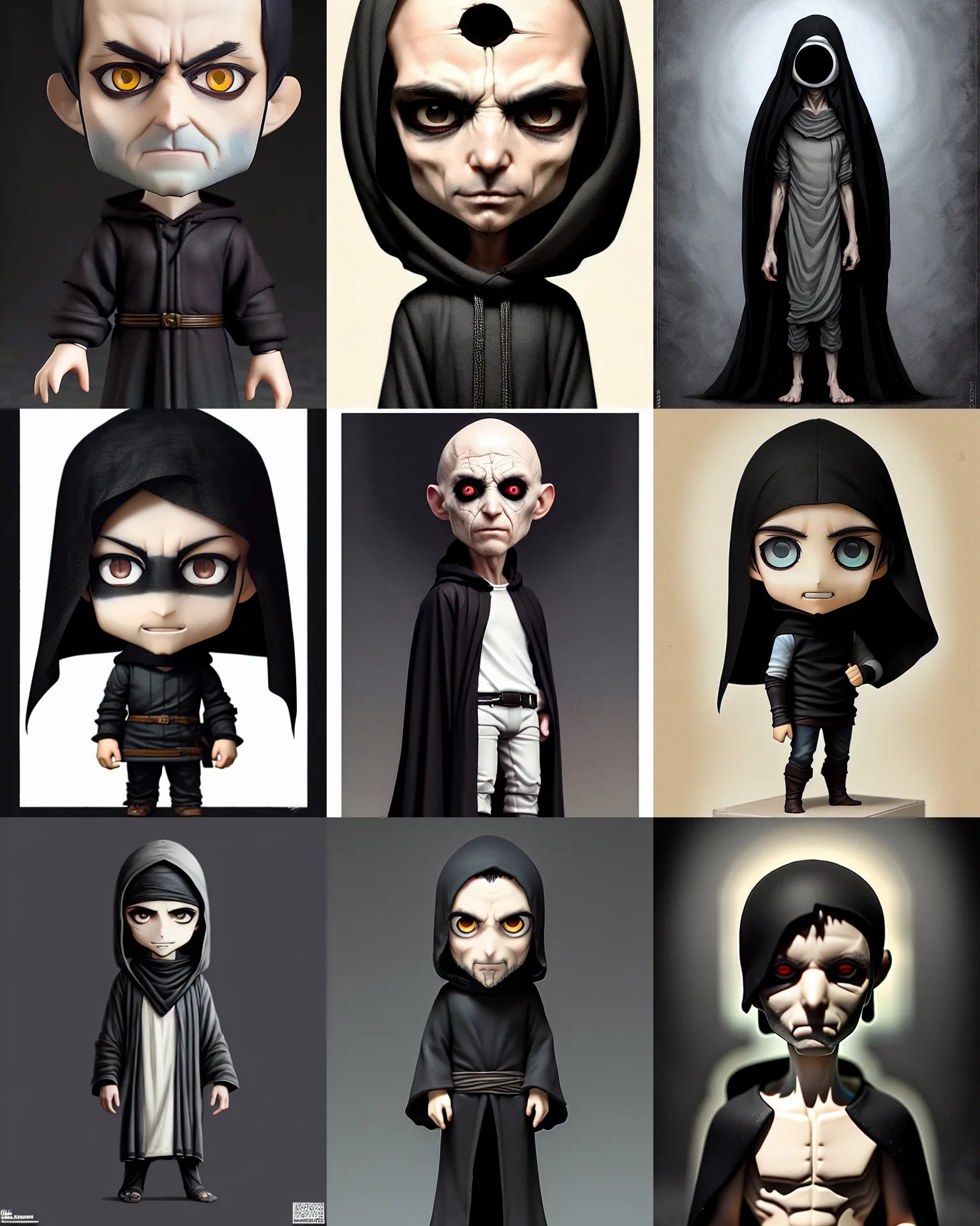 Prompt: nendoroid pale dark haired skinny man with black eyeballs in dark robes, no hood | | realistic shaded, fine details, realistic shaded lighting poster by greg rutkowski, diego gisbert llorens, magali villeneuve, artgerm, jeremy lipkin and rob rey