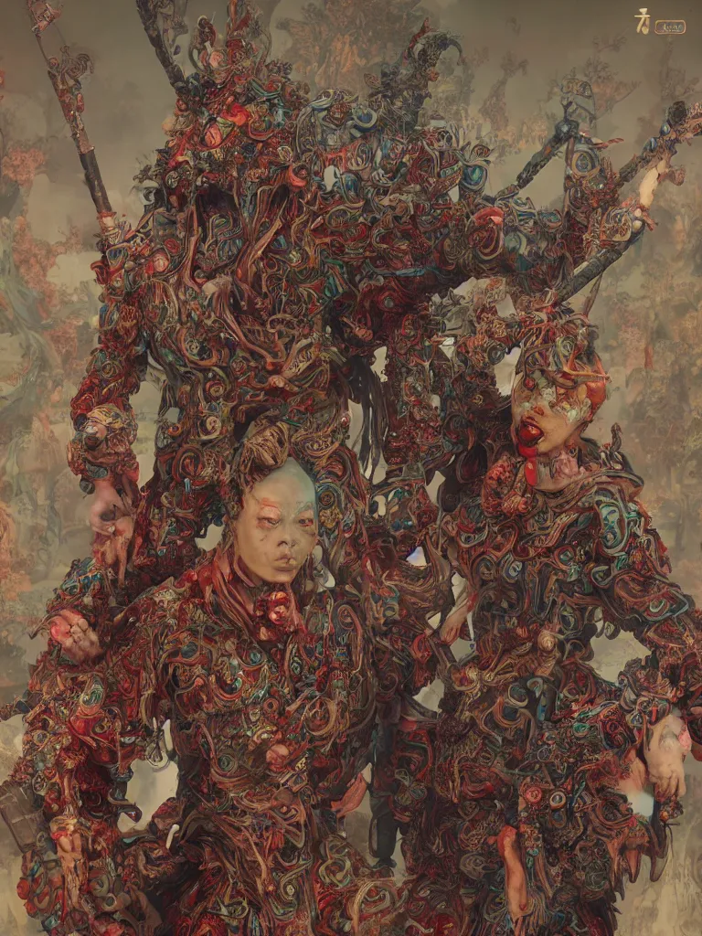 Image similar to chinese zombies with luxuriant full - body official clothes of the qing the devil of nanotechnology, dynasty, a incredible symmetrical concept design, psychedelic, highly detailed upper body, cinematic film, mattepainting, photobash, rendered in octane, by mucha