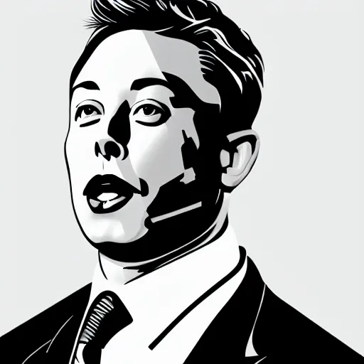 Prompt: a simplified black and white vector based illustration of Elon Musk, created in Adobe illustrator, black ink shading on white background, smooth vector curves, vinyl cut ready