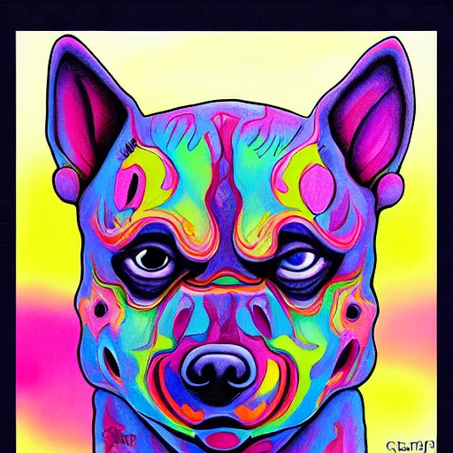 Prompt: cute dog painted in style of alex grey, koyoharu gotouge
