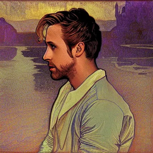 Prompt: A delicate painting of Ryan Gosling in Drive 2011 sitting at a pond, by Alphonse Mucha, art nouveau, detailed, elegant
