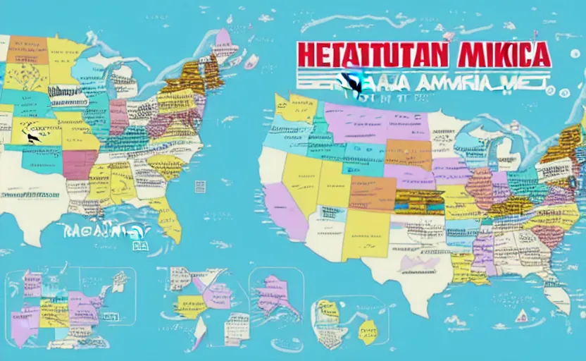 Image similar to hatsune miku across america map, map key, tourist map, brochure