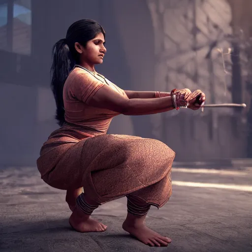 Image similar to indian woman doing squats, ultra realistic, concept art, intricate details, highly detailed, photorealistic, octane render, 8 k, unreal engine